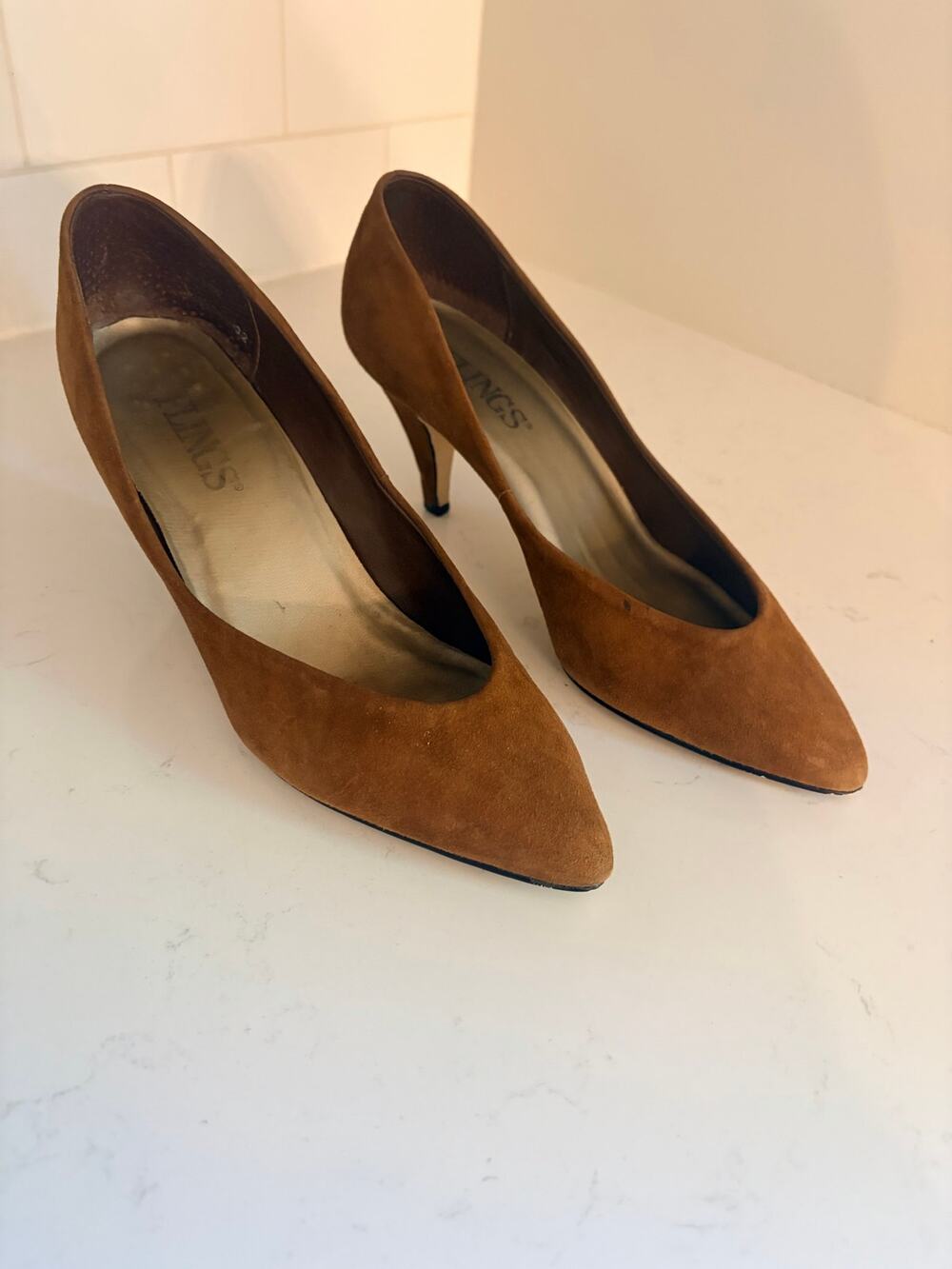 Unisa Jessica Women's Brown Suede Pumps Pointed Toe Mid Heels Court Shoes Size 8